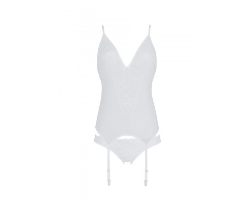Корсет із пажами, трусики з ажурним декором та відкритим кроком Passion URSULA CORSET XXL/XXXL white