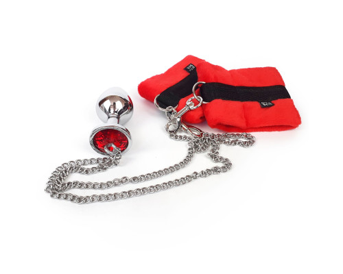 Наручники з металевою анальною пробкою Art of Sex Handcuffs with Metal Anal Plug  size M Red