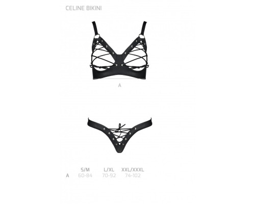 Комплект з екошкіри Passion CELINE BIKINI S/M black відкритий бра зі стрічками, стрінги зі шнурівкою