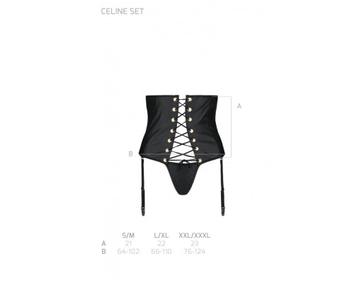 Пояс-корсет з екошкіри Passion CELINE SET S/M, black, шнурівка, знімні пажі для панчіх, стрінги