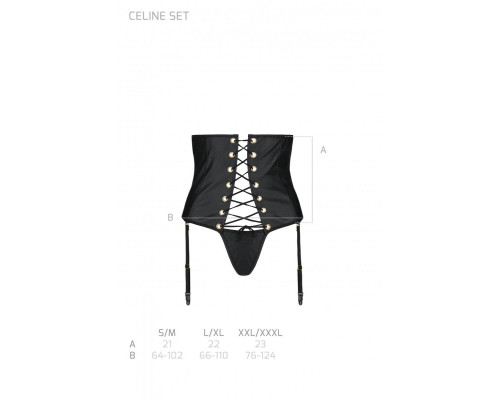 Пояс-корсет з екошкіри Passion CELINE SET XXL/XXXL, black шнурівка, знімні пажі для панчіх, стрінги