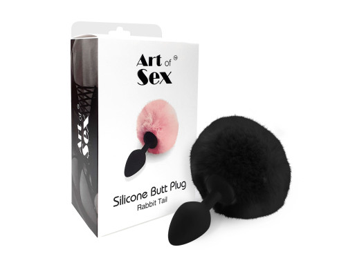 Силіконова анальна пробка М Art of Sex - Silicone Butt plug Rabbit Tail Black, діаметр 3,5 см