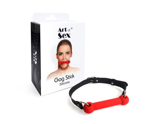 Кляп-палиця на ременях Art of Sex – Gag Stick Silicon, червоний, натуральна шкіра