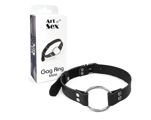 Кляп металеве кільце на ременях Art of Sex – Gag Ring Metal, чорний, натуральна шкіра