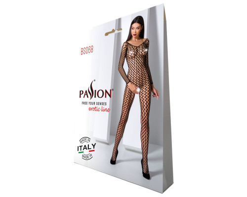 Бодістокінг Passion BS068 black, комбінезон, велика сітка, довгий рукав