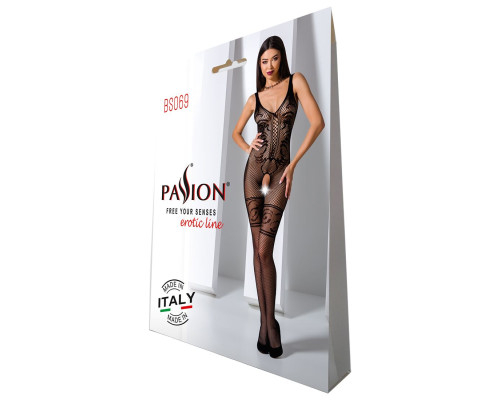 Бодістокінг Passion BS069 black, комбінезон, імітація панчіх і боді