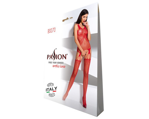 Бодістокінг Passion BS070 red, комбінезон, імітація панчох і ажурного топа