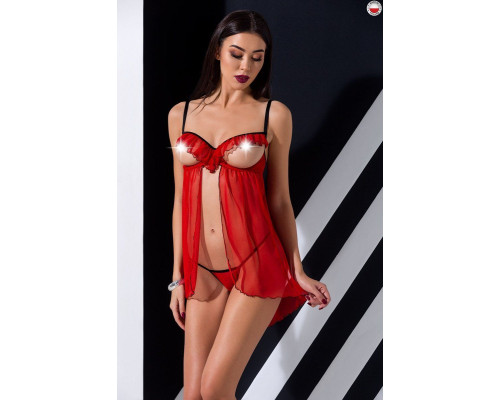 Прозорий пеньюар з відкритими грудьми CHERRY CHEMISE red S/M - Passion Exclusive, трусики