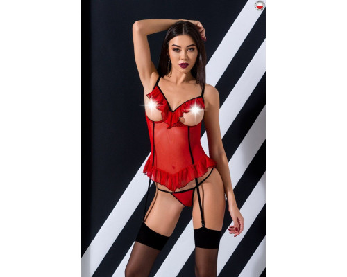 Корсет с открытой грудью CHERRY CORSET red S/M - Passion Exclusive, трусики, пажи, стрэпы, оборочки