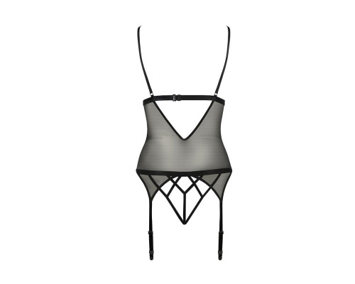 Корсет з відкритими грудьми Passion DIABOLINA CORSET XXL/XXXL, black, пажі, трусики, напівпрозорий