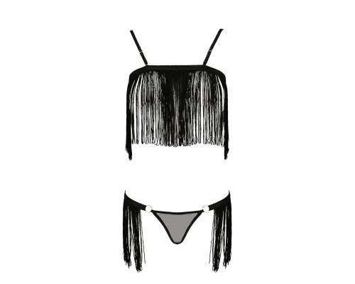 Комплект білизни Passion Exclusive KASSANDRA SET OpenBra S/M black, ліф з бахроми, трусики-спідниця
