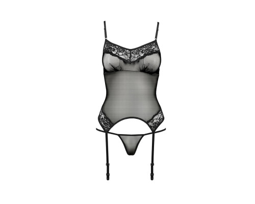 Корсет з пажами Passion MELANIA CORSET S/M, black, трусики, напівпрозорий