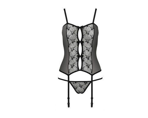 Корсет з пажами GRACIA CORSET black L/XL Passion, трусики, напівпрозорий