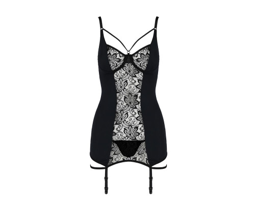 Сорочка приталена з пажами PAULINE CHEMISE black XXL/XXXL - Passion, трусики