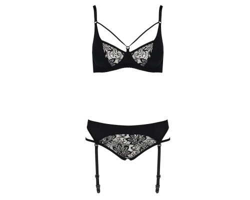 Комплект білизни Passion PAULINE SET L/XL, black, стрепи, ліф, стрінги і пояс для панчох