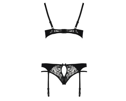 Комплект білизни Passion PAULINE SET L/XL, black, стрепи, ліф, стрінги і пояс для панчох