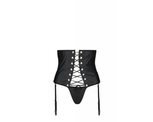 Пояс-корсет з екошкіри Passion CELINE SET with Open Bra 6XL/7XL, black, шнурівка, пажі, стрінги