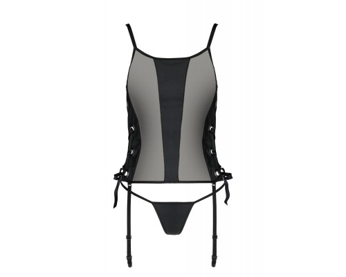Сітчастий корсет з екошкіри Passion MALWIA CORSET 4XL/5XL black, з люверсами та знімними пажами
