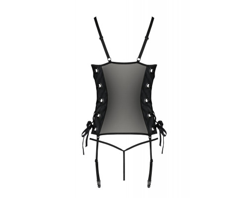 Сітчастий корсет з екошкіри Passion MALWIA CORSET 4XL/5XL black, з люверсами та знімними пажами