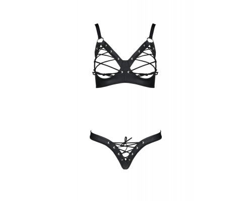 Комплект з екошкіри Passion CELINE BIKINI 6XL/7XL black, відкритий бра, стрінги зі шнурівкою