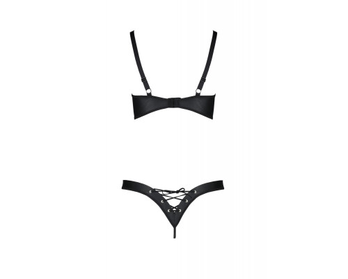 Комплект з екошкіри Passion CELINE BIKINI 6XL/7XL black, відкритий бра, стрінги зі шнурівкою