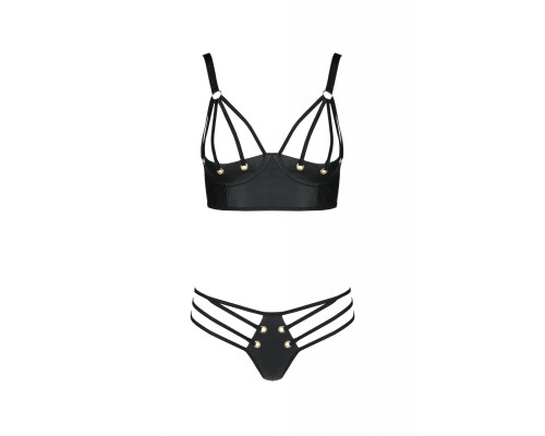 Комплект з екошкіри Passion MALWIA BIKINI 6XL/7XL black, з люверсами та ремінцями, бра, трусики