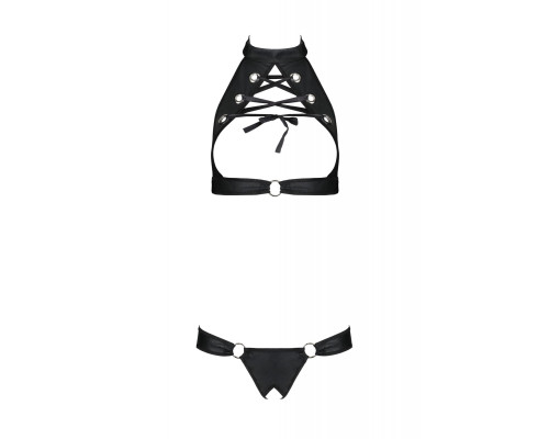 Комплект із екошкіри Passion MALWIA SET with Open Bra 6XL/7XL black, топ та трусики з люверсами