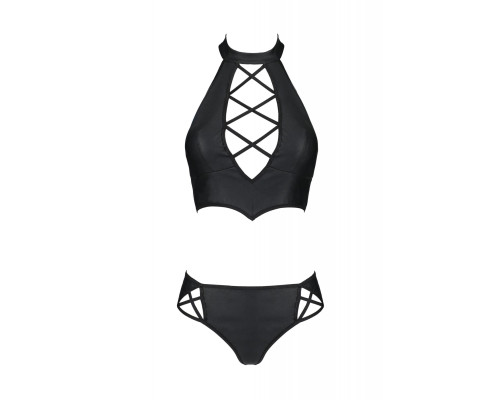 Комплект з екошкіри Passion NANCY BIKINI 6XL/7XL black, бра та трусики з імітацією шнурівки