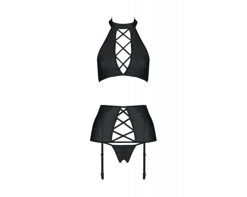 Комплект із екошкіри Passion NANCY SET 6XL/7XL black, імітація шнурівки, топ, пояс для панчіх