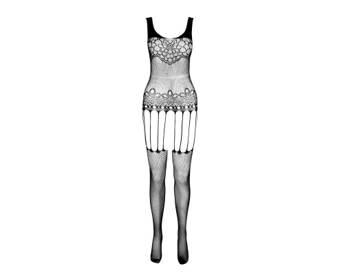 Бодістокінг Passion ECO BS001 One Size black, з доступом, імітація підв’язок, флористичний декор
