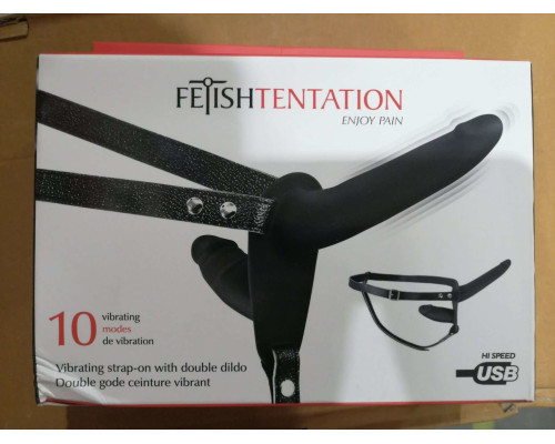 Подвійний страпон з вібрацією Fetish Tentation Vibrating Strap-On with Double Dildo (м'ята упаковка!!!)