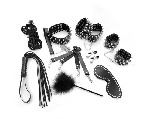 BDSM-набір Art of Sex – Spikes BDSM Set Leather, 10 предметів, чорний, натуральна шкіра