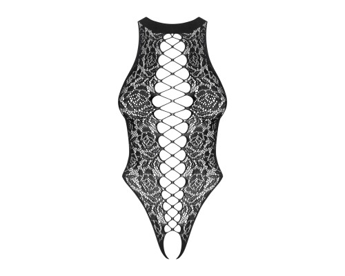 Ажурний бодістокінг із ефектом шнурівки Obsessive B129 teddy black XL/XXL, чорний, з доступом