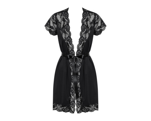 Сатиновий відкритий пеньюар на поясі Obsessive 810-PEI–1 peignoir black S/M, чорний