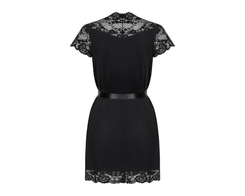Сатиновий відкритий пеньюар на поясі Obsessive 810-PEI–1 peignoir black 2XL/3XL, чорний
