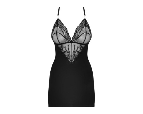 Сатиновий комплект для сну з мереживом Obsessive 828-CHE-1 chemise & thong S/M, чорний, сорочка, стр