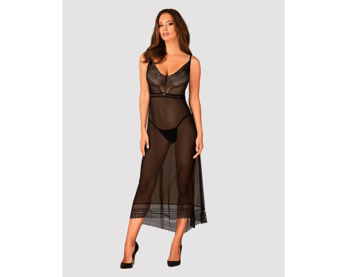 Напівпрозора довга сорочка Obsessive Estiqua chemise M/L, чорний, асиметричний крій