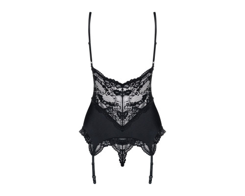 Сатиновий мереживний корсет Obsessive 810-COR-1 babydoll & thong L/XL, чорний, корсет, танга