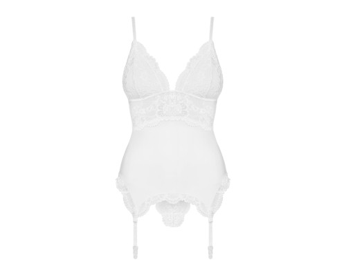 Сатиновий мереживний корсет Obsessive 810-COR-2 babydoll & thong S/M, білий, корсет, танга
