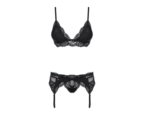 Мереживний комплект білизни Obsessive 810-SEG-1 S/M Black, бюстгальтер, стрінги, пояс для панчіх