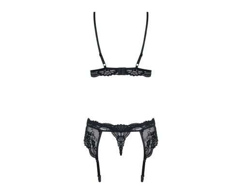 Мереживний комплект білизни Obsessive 810-SEG-1 S/M Black, бюстгальтер, стрінги, пояс для панчіх