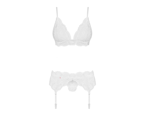 Мереживний комплект білизни Obsessive 810-SEG-2 S/M White, бюстгальтер, стрінги, пояс для панчіх