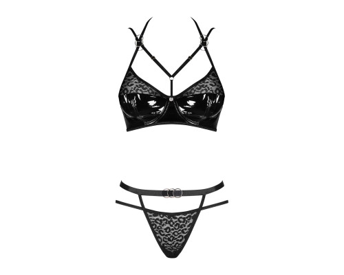 Еротичний комплект під латекс зі стрепами Obsessive Bagirela 2-pcs set L/XL, чорний, під леопард, бю