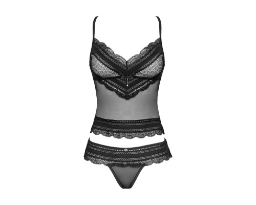 Напівпрозорий набір з прикрасами Obsessive Ivannes top & thong S/M, чорний, топ та танга