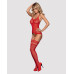 Бодістокінг Obsessive Bodystocking F214 red S/M/L, імітація корсета та панчіх на підв’язках