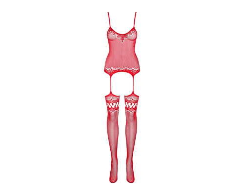 Бодістокінг Obsessive Bodystocking F214 red S/M/L, імітація корсета та панчіх на підв’язках