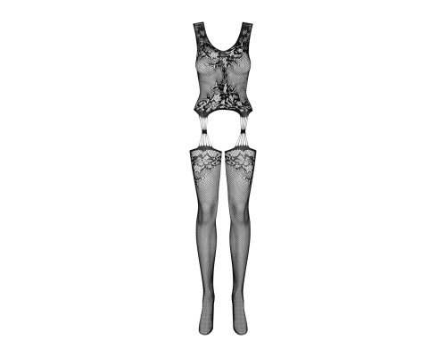 Бодістокінг Obsessive Bodystocking F221 XL/XXL, силуетний квітковий малюнок, імітація панчіх