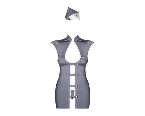 Еротичний костюм стюардеси Obsessive Stewardess 3 pcs grey L/XL, сірий, сукня, стрінги, пілотка
