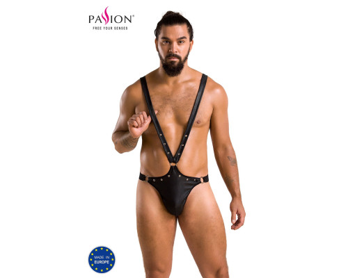 Чоловіче боді з люверсами Passion 028 HARRY S/M Black, екошкіра, на шлейках