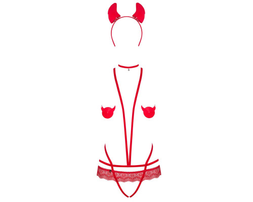 Еротичний костюм чортика зі стреп Obsessive Evilia teddy red L/XL